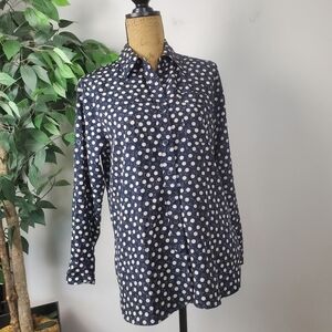 Ellen Tracy Yarn Ball Button Up Shirt Navy Cream XS
